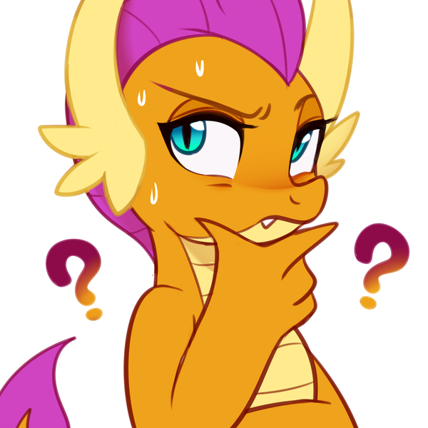 Size: 2800x2800 | Tagged: artist:maren, derpibooru import, dragon, dragoness, emoji, female, holding chin, question mark, safe, smolder, solo, sweat, thinking, thinking emoji