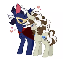 Size: 500x467 | Tagged: safe, artist:laceymod, derpibooru import, oc, oc:lovelace, oc:prosopeio, unofficial characters only, pony, unicorn, ask lovelace, female, heart, male, mare, mask, oc x oc, shipping, stallion, straight