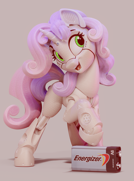 Size: 1757x2374 | Tagged: safe, artist:shuxer59, artist:v747, derpibooru import, sweetie belle, pony, robot, robot pony, 3d, battery, cute, diasweetes, energizer, female, freckles, looking at you, open mouth, simple background, smiling, solo, sweetie bot, wireframe