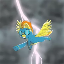 Size: 1000x1000 | Tagged: safe, artist:shoophoerse, derpibooru import, spitfire, pegasus, pony, atg 2019, clothes, flying, goggles, grin, lightning, newbie artist training grounds, smiling, solo, uniform, wonderbolts, wonderbolts uniform