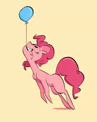 Size: 643x805 | Tagged: safe, artist:fluttershythekind, derpibooru import, pinkie pie, earth pony, pony, balloon, cute, diapinkes, female, floating, mare, mouth hold, orange background, simple background, solo, then watch her balloons lift her up to the sky, yellow background