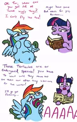 Size: 603x954 | Tagged: safe, artist:jargon scott, derpibooru import, rainbow dash, twilight sparkle, pegasus, pony, comic:hotel rainbow, abdominal bulge, all the way through, book, comic, dialogue, duo, female, hoof hold, infestation, mare, simple background, simpsons did it, stomach bulges, tentacles, the simpsons, white background