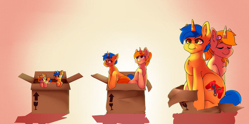 Size: 4000x2000 | Tagged: safe, artist:moonrunes, derpibooru import, oc, oc:code sketch, oc:nenenyaa, unofficial characters only, pony, unicorn, age progression, baby, box, cardboard box, commission, female, foal, hairpin, high res, male, mare, pony in a box, stallion, ych result