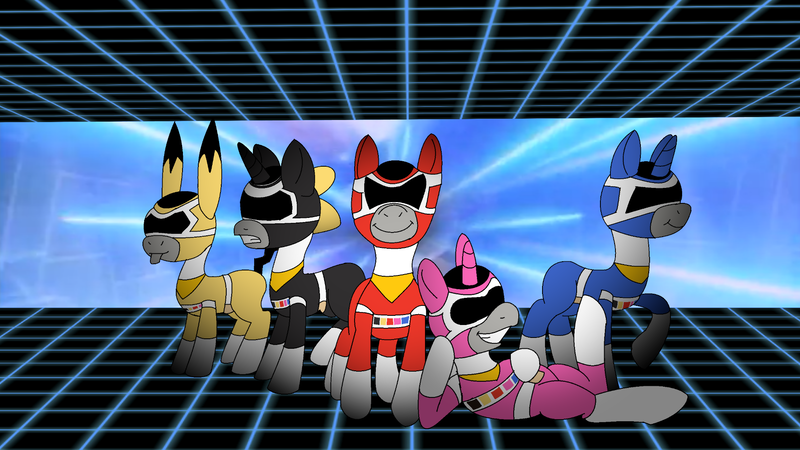 Size: 1920x1080 | Tagged: safe, artist:cam-and-sister-paint, derpibooru import, pony, black ranger, blue ranger, denji sentai megaranger, pink ranger, power rangers, power rangers in space, red ranger, yellow ranger