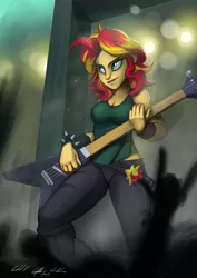 Size: 2480x3508 | Tagged: safe, artist:gabbslines, derpibooru import, sunset shimmer, human, equestria girls, bracelet, clothes, concert, crowd, female, guitar, heavy metal, high res, musical instrument, pants, playing, signature, silhouette, spiked wristband, sunset shredder, wristband