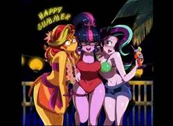 Size: 2384x1748 | Tagged: safe, artist:traupa, derpibooru import, sci-twi, starlight glimmer, sunset shimmer, twilight sparkle, equestria girls, adorasexy, beverage, bikini, black background, blushing, breasts, busty sci-twi, busty starlight glimmer, cleavage, clothes, cute, drink, drunk, drunk twilight, drunker glimmer, drunker shimmer, drunklight glimmer, feet, female, glasses, glimmerbetes, hair over one eye, juice, lei, luau, night, one-piece swimsuit, open mouth, sarong, sexy, shimmerbetes, shorts, simple background, straw, summer, swimsuit, twiabetes