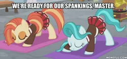 Size: 600x278 | Tagged: suggestive, derpibooru import, edit, edited screencap, screencap, lighthoof, shimmy shake, earth pony, pony, 2 4 6 greaaat, clothes, eyes closed, face down ass up, female, femsub, imminent spanking, mare, master, memeful.com, pleated skirt, ponytail, skirt, submissive, sweater, watermark