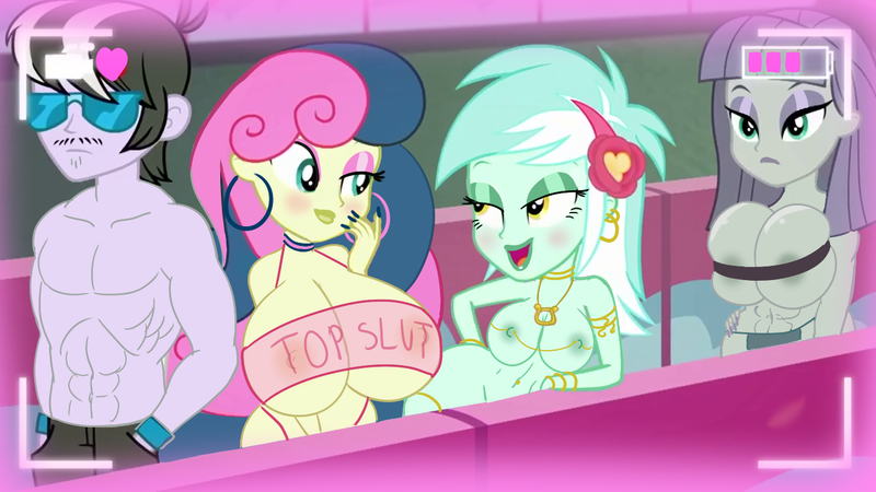 Size: 1336x752 | Tagged: questionable, artist:annon, derpibooru import, edit, edited screencap, screencap, bon bon, lyra heartstrings, maud pie, ringo, sweetie drops, equestria girls, equestria girls series, five lines you need to stand in, spoiler:eqg series (season 2), abs, areola, bare chest, bedroom eyes, big breasts, bimbo, bimbo edit, bimboification, bon bimbo bon, breast band, breasts, busty bon bon, busty lyra heartstrings, busty maud pie, choker, clothes, ear piercing, earring, female, hooped earrings, huge breasts, image, jewelry, lyra bimbo, male, nipple chain, nipples, nudity, panties, piercing, png, quartet, sexy, show style adventure, slut, stupid sexy bon bon, stupid sexy lyra, stupid sexy maud pie, thong, underwear