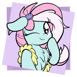 Size: 1386x1386 | Tagged: safe, artist:kimjoman, derpibooru import, kerfuffle, pony, rainbow roadtrip, chest fluff, clothes, cute, female, fufflebetes, heart, looking at you, one eye closed, pincushion, simple background, smiling, solo, transparent background, wink