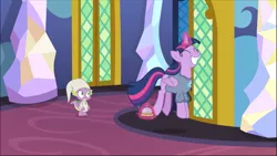 Size: 1375x774 | Tagged: alicorn, a trivial pursuit, cropped, derpibooru import, dragon, excited, eyes closed, glowing horn, hat, horn, levitation, magic, nightcap, nightshirt, prancing, safe, screencap, smiling, spike, telekinesis, twilight sparkle, twilight sparkle (alicorn), winged spike