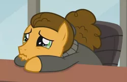Size: 574x370 | Tagged: safe, derpibooru import, screencap, cheese sandwich, earth pony, pony, the last laugh, clothes, crying, cute, diacheeses, male, man bun, office, puppy dog eyes, sad, sadorable, sweater