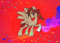 Size: 2022x1452 | Tagged: safe, artist:littmosa, derpibooru import, oc, beetle, insect, pegasus, pony, mucilage, piercing, red background, simple background, smiling, smoke, speckled, spread wings, wings