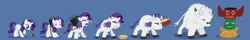 Size: 2000x323 | Tagged: safe, artist:magerblutooth, derpibooru import, rarity, buffalo, pony, unicorn, series:mlp transformed, apple, apple pie, arrow, bag, basket, buffity, burp, chewing, commission, eating, eyes closed, faded cutie mark, feather, flower, food, herbs, horns, mental shift, messy eating, pie, show accurate, simple background, species swap, starry eyes, story included, totem, transformation, transformation sequence, vector, wingding eyes