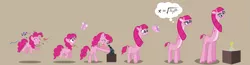 Size: 2427x628 | Tagged: safe, artist:magerblutooth, derpibooru import, pinkie pie, butterfly, earth pony, giraffe, pony, series:mlp transformed, commission, confetti, equation, erlenmeyer flask, eyes closed, faded cutie mark, formula, giraffe pie, giraffied, glasses, horns, jumping, long neck, medallion, mental shift, microscope, one eye closed, personality change, pinkamena diane pie, scientist, show accurate, simple background, species swap, story included, thought bubble, tongue out, transformation, transformation sequence, vector