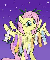 Size: 2000x2400 | Tagged: safe, artist:sazanamibd, derpibooru import, fluttershy, pegasus, pony, bamboo, bipedal, clothes, costume, female, fluttertree, hooves out, looking at you, mare, night, smiling, solo, spread wings, tanabata, three quarter view, tree costume, wings
