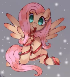 Size: 1280x1406 | Tagged: safe, artist:lilveon, derpibooru import, fluttershy, pegasus, pony, abstract background, cute, female, head tilt, looking at you, mare, ribbon, shyabetes, sitting, smiling, solo, spread wings, wings