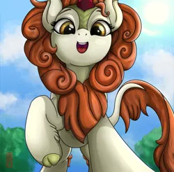 Size: 2335x2297 | Tagged: artist:celsian, autumn blaze, awwtumn blaze, cloven hooves, cute, derpibooru import, female, kirin, leaves, leg fluff, looking at you, looking down, low angle, offscreen character, open mouth, pov, raised hoof, safe, signature, smiling, solo, sounds of silence, standing, worm's eye view