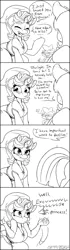 Size: 960x3425 | Tagged: safe, artist:skoon, derpibooru import, spike, starlight glimmer, twilight sparkle, twilight sparkle (alicorn), alicorn, dragon, pony, unicorn, black and white, blushing, clothes, comic, costume, dialogue, female, flirting, grayscale, hat, implied lesbian, implied shipping, implied twilestia, implied twistarlight, link, male, mare, monochrome, shrug, suddenly hands, the legend of zelda, tunic