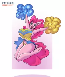 Size: 2293x2705 | Tagged: suggestive, artist:mrkashkiet, derpibooru import, pinkie pie, anthro, earth pony, unguligrade anthro, armpits, big breasts, breasts, busty pinkie pie, cheerleader, cheerleader pinkie, clothes, female, happy, huge breasts, jumping, miniskirt, panties, pom pom, skirt, skirt lift, solo, solo female, stupid sexy pinkie, thighs, underwear