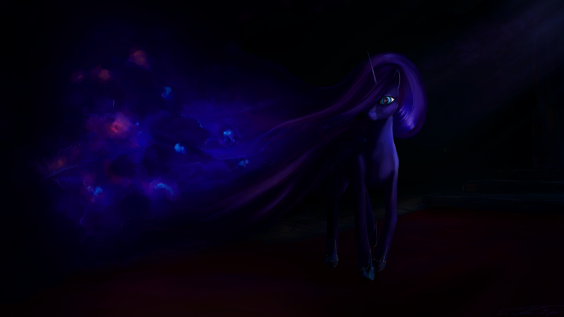 Size: 1920x1080 | Tagged: safe, artist:nettrip, derpibooru import, princess luna, alicorn, pony, ethereal mane, looking at something, missing accessory, night, solo