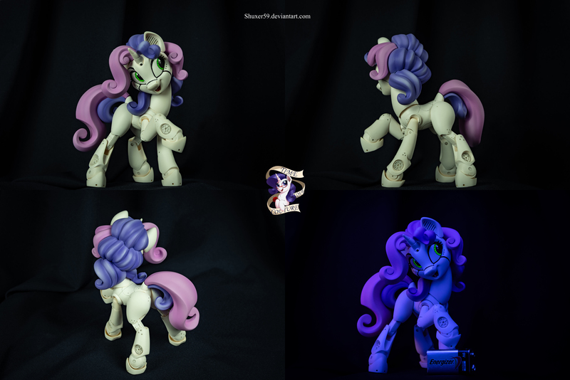Size: 11096x7402 | Tagged: safe, artist:shuxer59, artist:v747, derpibooru import, sweetie belle, pony, robot, unicorn, bronycon, absurd resolution, battery, blacklight, craft, cute, diasweetes, energizer, female, filly, galacon, open mouth, photo, sculpture, simple background, smiling, solo, sweetie bot, sweetie bot project, youtube link