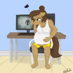 Size: 1200x1200 | Tagged: annoyed, anthro, artist:theimmortalwolf, belly, big belly, computer, derpibooru import, oc, oc:georgia lockheart, pregnant, solo, suggestive, unguligrade anthro, unofficial characters only
