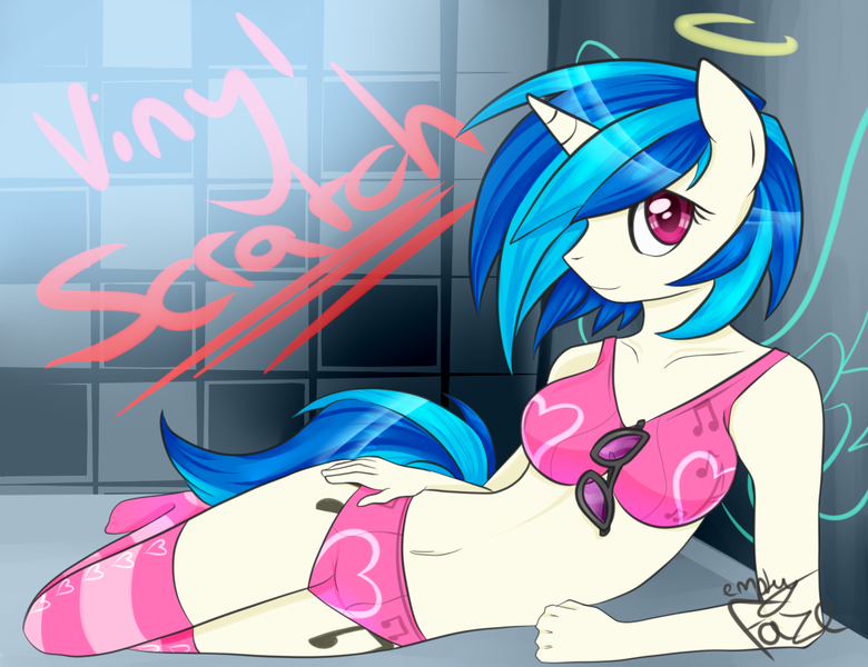 Size: 1300x1000 | Tagged: anthro, artist:emptyfaze, belly button, breasts, busty vinyl scratch, clothes, cute, derpibooru import, female, glasses, lingerie, pink underwear, pinup, socks, solo, solo female, stockings, striped socks, suggestive, thigh highs, underwear, vinyl scratch