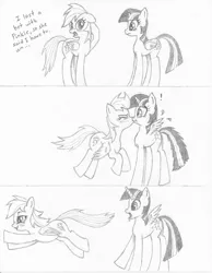 Size: 1701x2197 | Tagged: safe, artist:friendshipishorses, derpibooru import, rainbow dash, twilight sparkle, twilight sparkle (alicorn), alicorn, pony, blushing, female, heart eyes, kissing, lesbian, monochrome, newbie artist training grounds, shipping, traditional art, twidash, wingding eyes