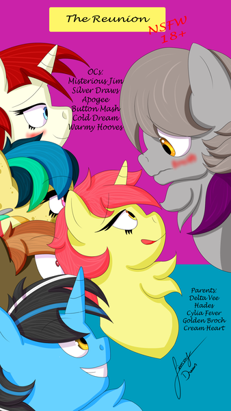 Size: 1440x2560 | Tagged: safe, artist:jimmy draws, derpibooru import, button mash, oc, oc:apogee, oc:cold dream, oc:misterious jim, oc:silver draw, oc:warmy hooves, unofficial characters only, alicorn, earth pony, pegasus, pony, comic:the reunion, comic:the reunion (jimmy draws), blushing, chest fluff, comic, cover, cute, demi-god, prince of tartarus