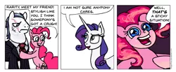 Size: 972x399 | Tagged: safe, artist:gingerfoxy, derpibooru import, pinkie pie, rarity, earth pony, pony, unicorn, pony comic generator, comic, eye scar, female, male, mare, mobster, pinstripes, scar, simple background, speech bubble, stallion, this will end in pain, white background