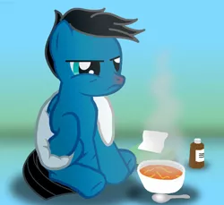 Size: 3600x3300 | Tagged: safe, artist:agkandphotomaker2000, derpibooru import, oc, oc:pony video maker, pegasus, pony, flu, food, red nosed, sick, soup, syrup, tissue