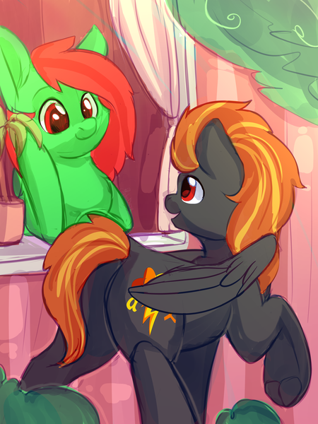 Size: 3000x4000 | Tagged: safe, artist:alphadesu, derpibooru import, oc, oc:digidash, oc:watermelon frenzy, unofficial characters only, pegasus, pony, bush, curtain, hooves, looking at each other, male, plant, smiling, trap, tree, window, wings