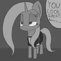 Size: 1046x1051 | Tagged: safe, artist:snezhok42, derpibooru import, trixie, pony, unicorn, atg 2019, clothes, grayscale, maid, monochrome, newbie artist training grounds, no pupils, standing