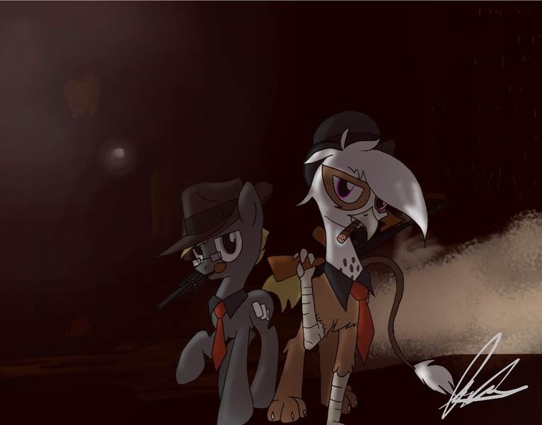 Size: 1410x1104 | Tagged: safe, artist:flaremoon, derpibooru import, oc, oc:flare-moon, oc:trestle, earth pony, gryphon, pony, backstreet, bowler hat, bowtie, cigar, dark, fedora, gun, handgun, hat, mafia, necktie, night, noir, revolver, signature, thompson gun, weapon