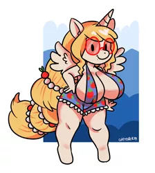 Size: 2176x2424 | Tagged: absolute cleavage, alicorn, alicorn oc, anthro, anthro oc, artist:greyeater, big breasts, breasts, chibi, cleavage, clothes, cute, derpibooru import, female, glasses, horn, huge breasts, mare, oc, oc:eunomia, solo, suggestive, unguligrade anthro, unofficial characters only, wings