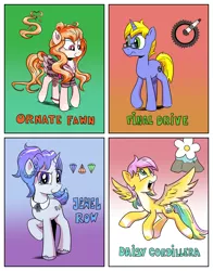 Size: 4570x5820 | Tagged: safe, artist:pony-berserker, derpibooru import, oc, oc:daisy cordillera, oc:final drive, oc:jewel row, oc:ornate fawn, unofficial characters only, earth pony, pegasus, pony, unicorn, compilation, confused, cutie mark, glasses, happy, simple background, smiling, smug