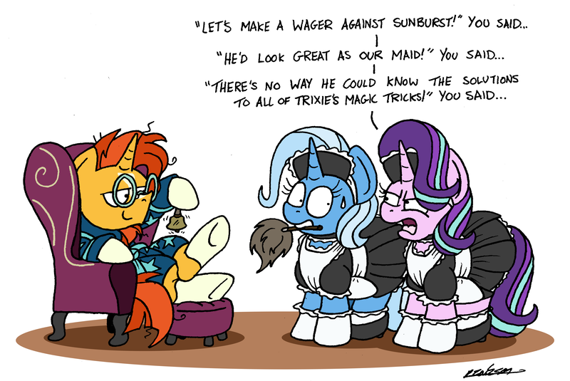 Size: 7571x5059 | Tagged: safe, artist:bobthedalek, derpibooru import, starlight glimmer, sunburst, trixie, pony, unicorn, armchair, atg 2019, bathrobe, bell, clothes, didn't think this through, duster, female, high heels, inconvenient trixie, like a boss, lost bet, maid, male, mare, mouth hold, newbie artist training grounds, robe, shoes, smug, socks, stallion, starlight is not amused, sunburst is a goddamn genius, sweat, sweatdrop, unamused