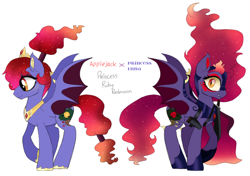 Size: 1593x1121 | Tagged: safe, artist:unoriginai, derpibooru import, oc, bat pony, bat pony oc, bat wings, jewelry, magical lesbian spawn, nightmarified, offspring, parent:applejack, parent:princess luna, parents:lunajack, regalia, simple background, text, transparent background, wings