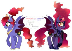 Size: 1593x1121 | Tagged: safe, artist:unoriginai, derpibooru import, oc, bat pony, bat pony oc, bat wings, jewelry, magical lesbian spawn, nightmarified, offspring, parent:applejack, parent:princess luna, parents:lunajack, regalia, simple background, text, transparent background, wings