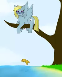 Size: 4000x5000 | Tagged: safe, artist:viatour, derpibooru import, oc, oc:cloud cuddler, unofficial characters only, fish, pegasus, pony, commission, female, glasses, lake, mouse cursor, solo, tree, tree branch, ych result