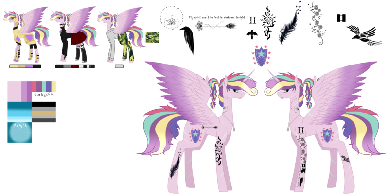 Size: 9921x4960 | Tagged: safe, artist:moonlight0shadow0, derpibooru import, princess skyla, alicorn, pony, icey-verse, absurd resolution, armor, boots, camouflage, choker, clothes, dog tags, ear piercing, earring, female, helmet, hoodie, jacket, jewelry, leather jacket, mare, multicolored hair, offspring, pants, parent:princess cadance, parent:shining armor, parents:shiningcadance, piercing, plaid skirt, pleated skirt, ponytail, reference sheet, scar, shirt, shoes, simple background, skirt, socks, solo, spiked choker, striped socks, t-shirt, tattoo, transparent background, wing piercing