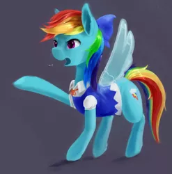 Size: 2576x2608 | Tagged: safe, artist:usager, derpibooru import, rainbow dash, /mlp/, 4chan, bow, cirno, clothes, colored, cosplay, costume, crossover, cute, dashabetes, drawthread, dress, female, gray background, hair bow, mare, rainbow dash always dresses in style, simple background, solo, touhou