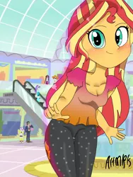 Size: 1800x2400 | Tagged: safe, artist:artmlpk, derpibooru import, aqua blossom, diamond tiara, scribble dee, sunset shimmer, velvet sky, equestria girls, alternate hairstyle, background human, blushing, canterlot mall, cute, female, mall, peace sign, screenshot background, shimmerbetes, solo