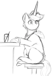 Size: 1376x1960 | Tagged: safe, artist:flashnoteart, derpibooru import, oc, oc:flashnote, unofficial characters only, pony, unicorn, clothes, hoodie, lineart, male, monochrome, sitting, sketch, solo