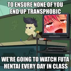 Size: 689x689 | Tagged: suggestive, derpibooru import, edit, edited screencap, screencap, cranky doodle donkey, equestria girls, equestria girls series, happily ever after party, ahegao, ahego meme, caption, chalkboard, classroom, clothes, desk, exploitable meme, image macro, implied futa, male, meme, open mouth, television, text, tongue out