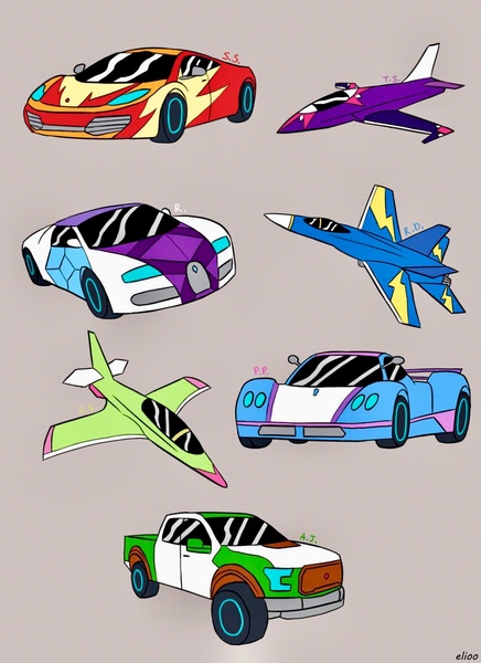 Size: 960x1321 | Tagged: safe, artist:elioo, derpibooru import, applejack, fluttershy, pinkie pie, rainbow dash, sci-twi, sunset shimmer, twilight sparkle, equestria girls, blue angels, bugatti, bugatti veyron, car, crossover, f/a-18 hornet, ford, ford f-150, jet, jet fighter, mclaren, mclaren mp4-12c, pagani, pagani zonda, transformers, wonderbolts