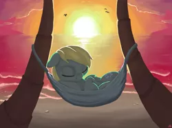 Size: 2245x1668 | Tagged: safe, artist:coldmix, derpibooru import, derpy hooves, pony, beach, cute, derpabetes, hammock, scenery, sleeping, solo, sunset