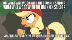 Size: 639x361 | Tagged: safe, derpibooru import, edit, edited screencap, editor:undeadponysoldier, screencap, applejack, earth pony, pony, ppov, angry, captain jackbeard, caption, clothes, drunken sailor, female, hat, image macro, mare, open mouth, pointing, solo, song reference, text