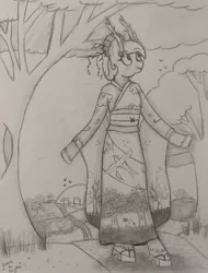 Size: 2527x3326 | Tagged: anthro, anthro oc, art, artist:breeze the peryton, bird, clothes, deer, derpibooru import, drawing, female, geta shoes, grass, hybrid, japan, kimono (clothing), oc, oc:breeze the peryton, original species, pencil drawing, photo, safe, sunset, traditional art, tree