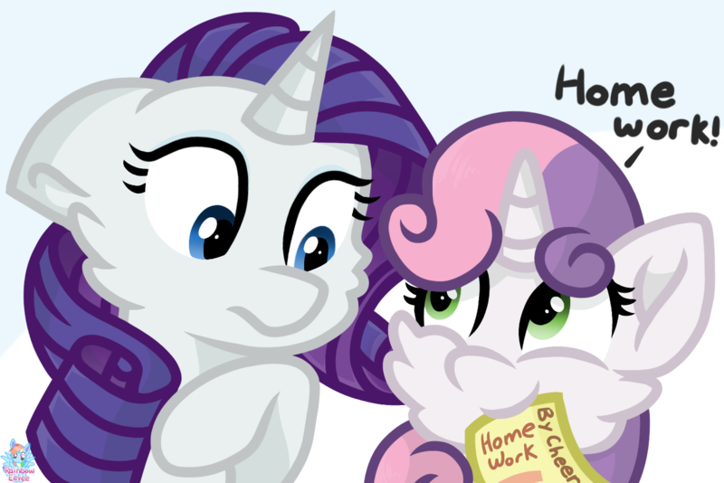 Size: 1421x949 | Tagged: safe, artist:rainbow eevee, derpibooru import, rarity, sweetie belle, pony, atg 2019, dialogue, duo, female, homework, mouth hold, newbie artist training grounds, paper, siblings, simple background, sisters, white background